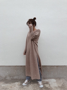 「ハイウエストストレートジーンズ」｜「アイテム（ワンピース/ドレス）」を使った、AYAさん（レディース・157cm）の冬コーディネート