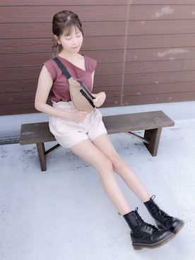 「GRL（グレイル）のワンショルダートップス（Tシャツ/カットソー、ブラウン系）」を使った、natsumiさん（レディース・161cm）の夏コーディネート