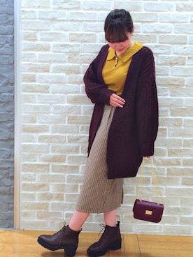 「earth music&ecology（アースミュージックアンドエコロジー）のポロ衿ニットプルオーバー（ニット/セーター、イエロー系）」を使った、Asukaさん（レディース・154cm）の秋コーディネート