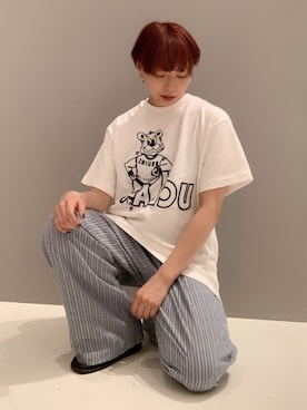 「CRAFT STANDARD BOUTIQUE（クラフトスタンダードブティック）のリネンブレンドイージーワイドパンツ●（その他パンツ、ブルー系）」を使った、Asukaさん（レディース・154cm）の夏コーディネート