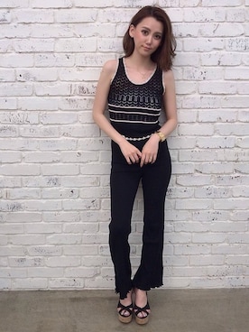 「Delyle NOIR（デイライルノアール）のハイウエストリブフレアパンツ（その他パンツ）」を使った、Delyle NOIR♡Rioさん（レディース・163cm）の春コーディネート