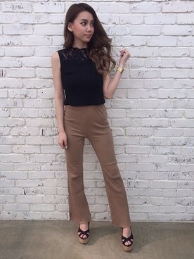 「Delyle NOIR（デイライルノアール）のハイウエストリブフレアパンツ（その他パンツ）」を使った、Delyle NOIR♡Rioさん（レディース・163cm）の春コーディネート