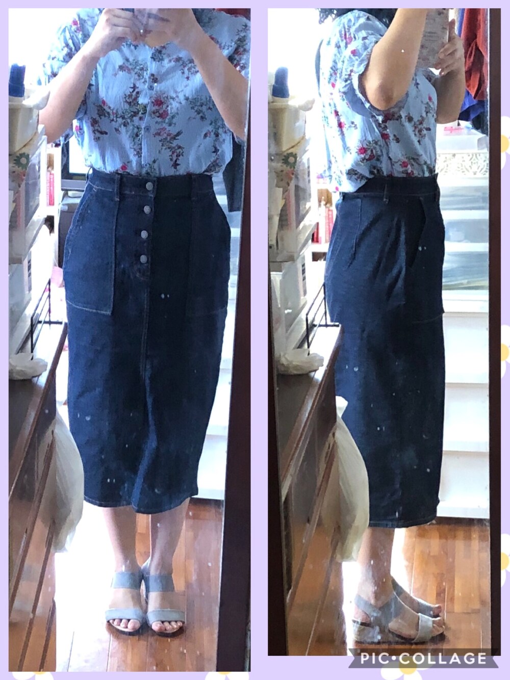 シルバー系のデニムスカートを着用したレディースの春コーディネートの1枚目の写真