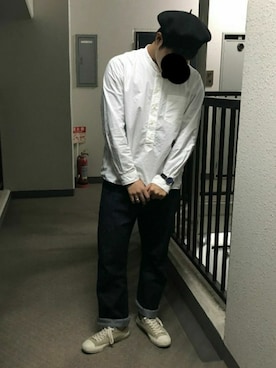 「MHL.（エムエイチエル）のアイテム（ハンチング/ベレー帽）」を使った、K太さん（メンズ・180cm）の秋コーディネート