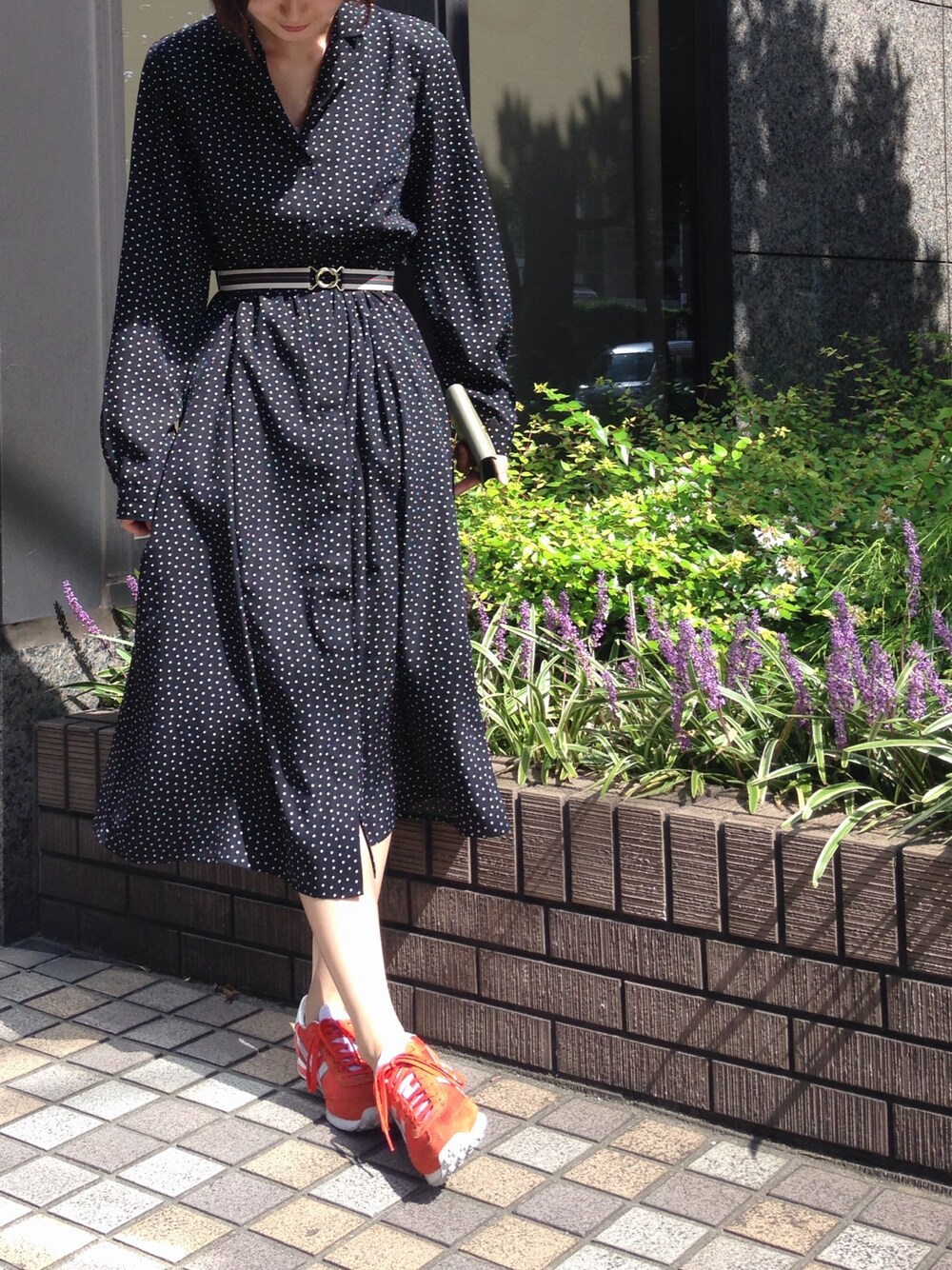 「ゴムベルト、ドットワンピ、179/WG、黒、black、ootd、秋コーデ、ドット柄」｜「179/WGのアイテム（ワンピース、ブラック系）」を使った、hirrroko14さん（レディース・164cm）の秋コーディネートの1枚目の写真