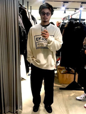 「Y-3（ワイスリー）のアイテム（ニット/セーター、ベージュ系）」を使った、atsu_shiさん（メンズ・178cm）の冬コーディネート
