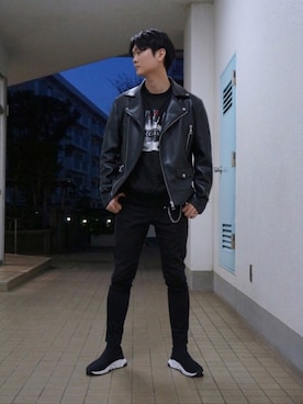 「shiyoh」｜「アイテム（ライダースジャケット）」を使った、Yu-sukaさん（メンズ・175cm）の秋コーディネート