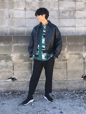 「BALENCIAGA」｜「アイテム（ライダースジャケット）」を使った、Yu-sukaさん（メンズ・175cm）の冬コーディネート