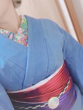 「Rumi Rockのアイテム（着物、パープル系）」を使った、まみっちょ。さん（レディース・165cm）の春コーディネート