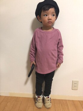 「くすみピンク」｜「アイテム（ハンチング/ベレー帽）」を使った、ゆーせいさん（キッズ・90cm）の秋コーディネート