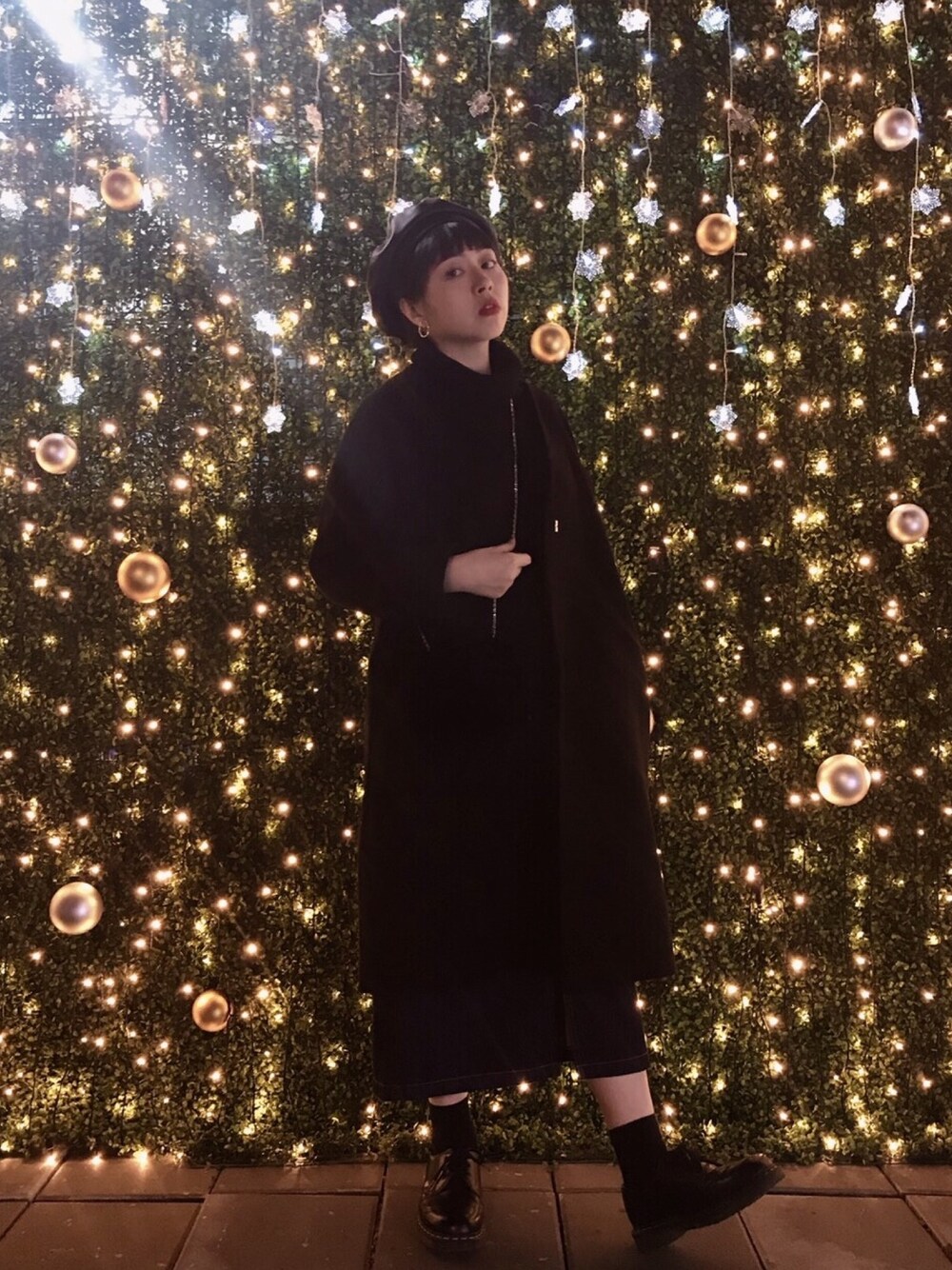 「ootd、冬、OZOC、GLOBAL WORK、GU、vintage、古着、Dr.Martens、古着MIX」｜「OZOCのアイテム（ハンチング/ベレー帽、ブラック系）」を使った、H.S.U.A.Nさん（レディース・167cm）の冬コーディネートの1枚目の写真