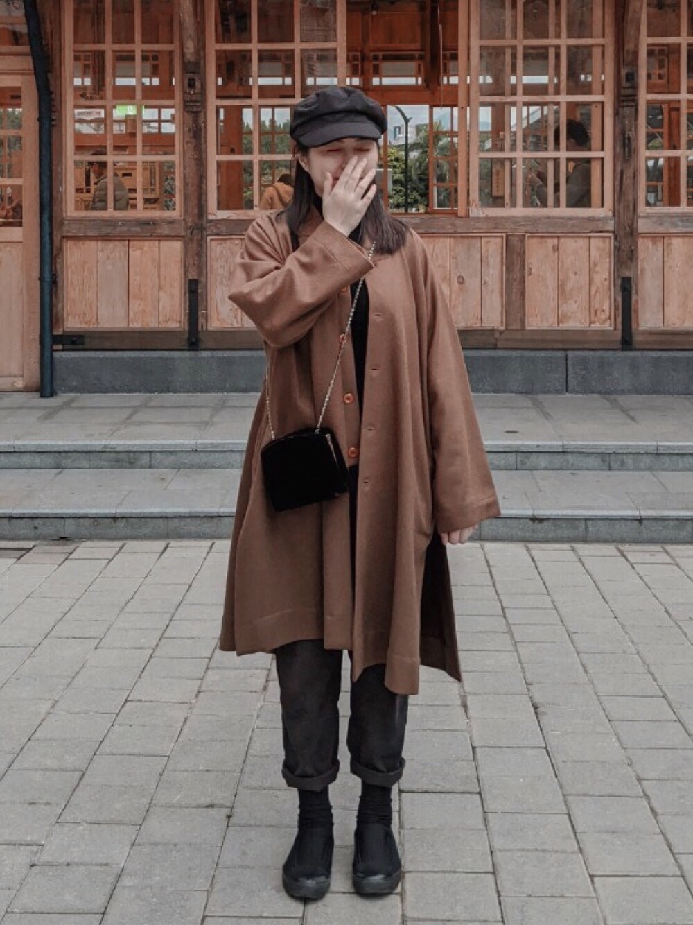 「ootd、winter、冬、MUJI、GU、vintage、古着、古着MIX」｜「GUのアイテム（キャスケット、ブラック系）」を使った、H.S.U.A.Nさん（レディース・167cm）の冬コーディネートの1枚目の写真