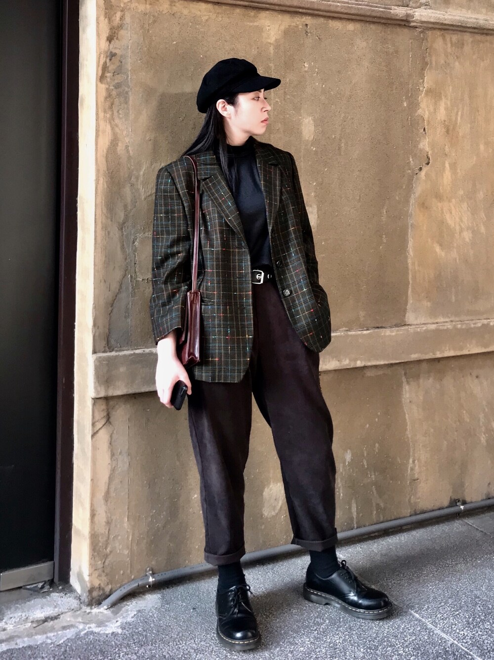 「ootd、古着MIX、GU、ZARA、vintage、Dr.Martens、古着、街頭穿搭」｜「GUのアイテム（キャスケット、ブラック系）」を使った、H.S.U.A.Nさん（レディース・167cm）の春コーディネートの1枚目の写真