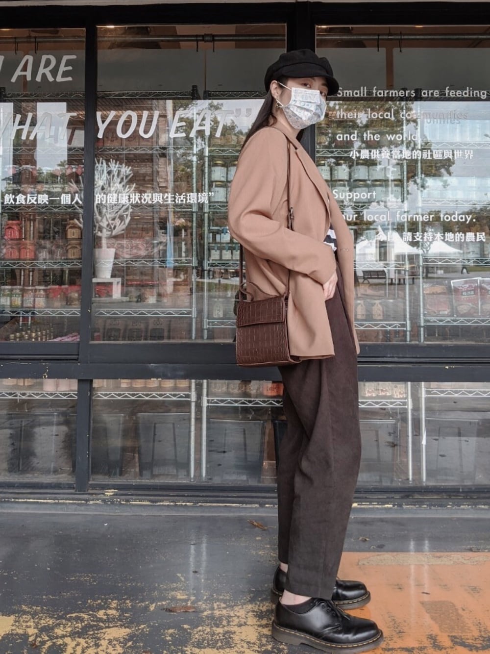 「ootd、spring、春コーデ、GU、Dr.Martens、無印良品」｜「GUのアイテム（キャスケット、ブラック系）」を使った、H.S.U.A.Nさん（レディース・167cm）の春コーディネートの1枚目の写真