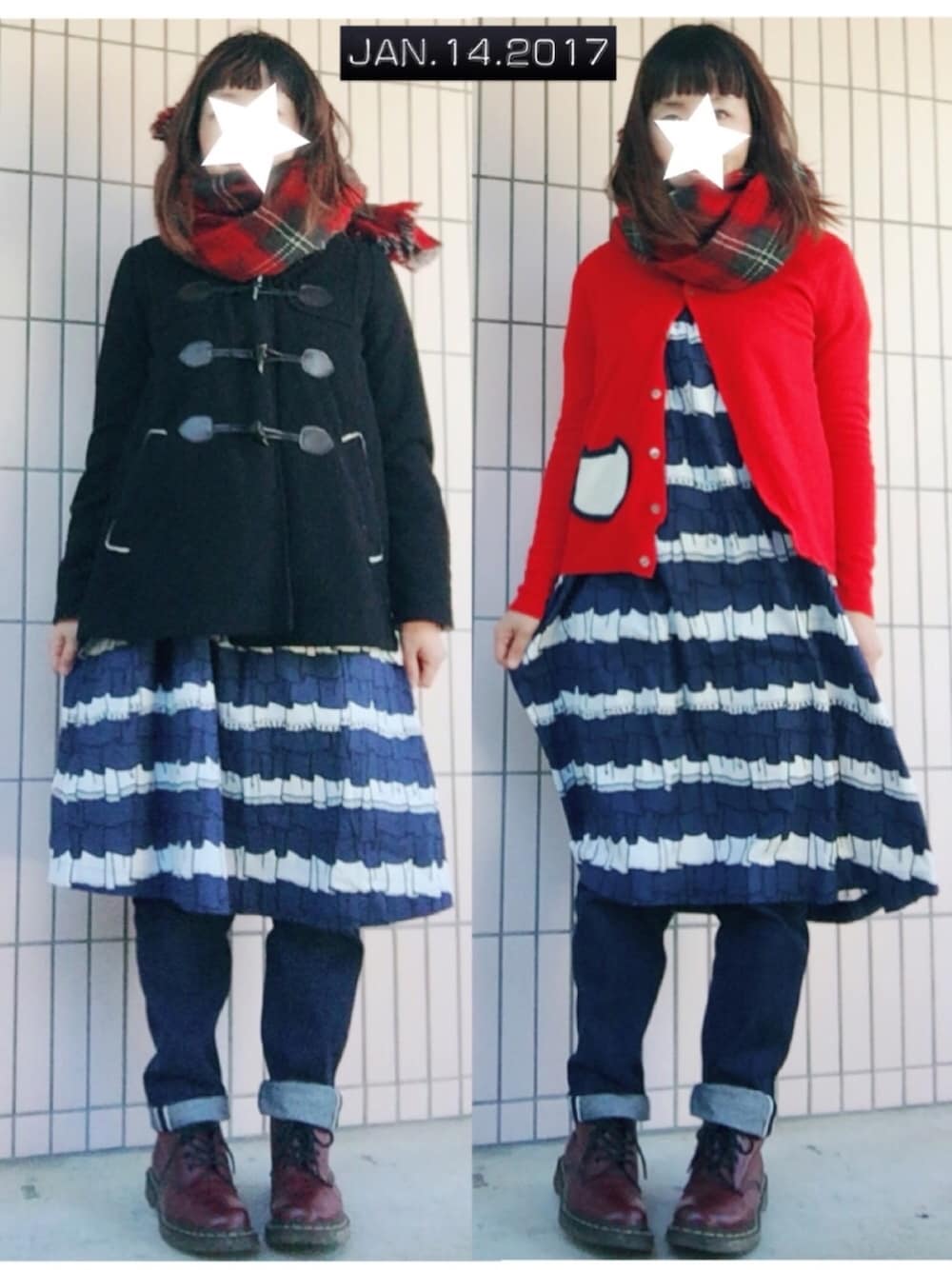 「大人カジュアル、オトナ女子、ダッフルコート、ワンピース、ネネット、デニム、デニムパンツ、ドクターマーチン、ブーツ、ママコーデ」｜「JEANASISのWフェイスチェックストール/550002（ストール/ショール、レッド系）」を使った、まっきぃ〜さん（レディース・157cm）の冬コーディネートの1枚目の写真