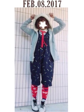 「Ne-net（ネネット）のアイテム（オールインワン・サロペット）」を使った、まっきぃ〜さん（レディース・157cm）の冬コーディネート