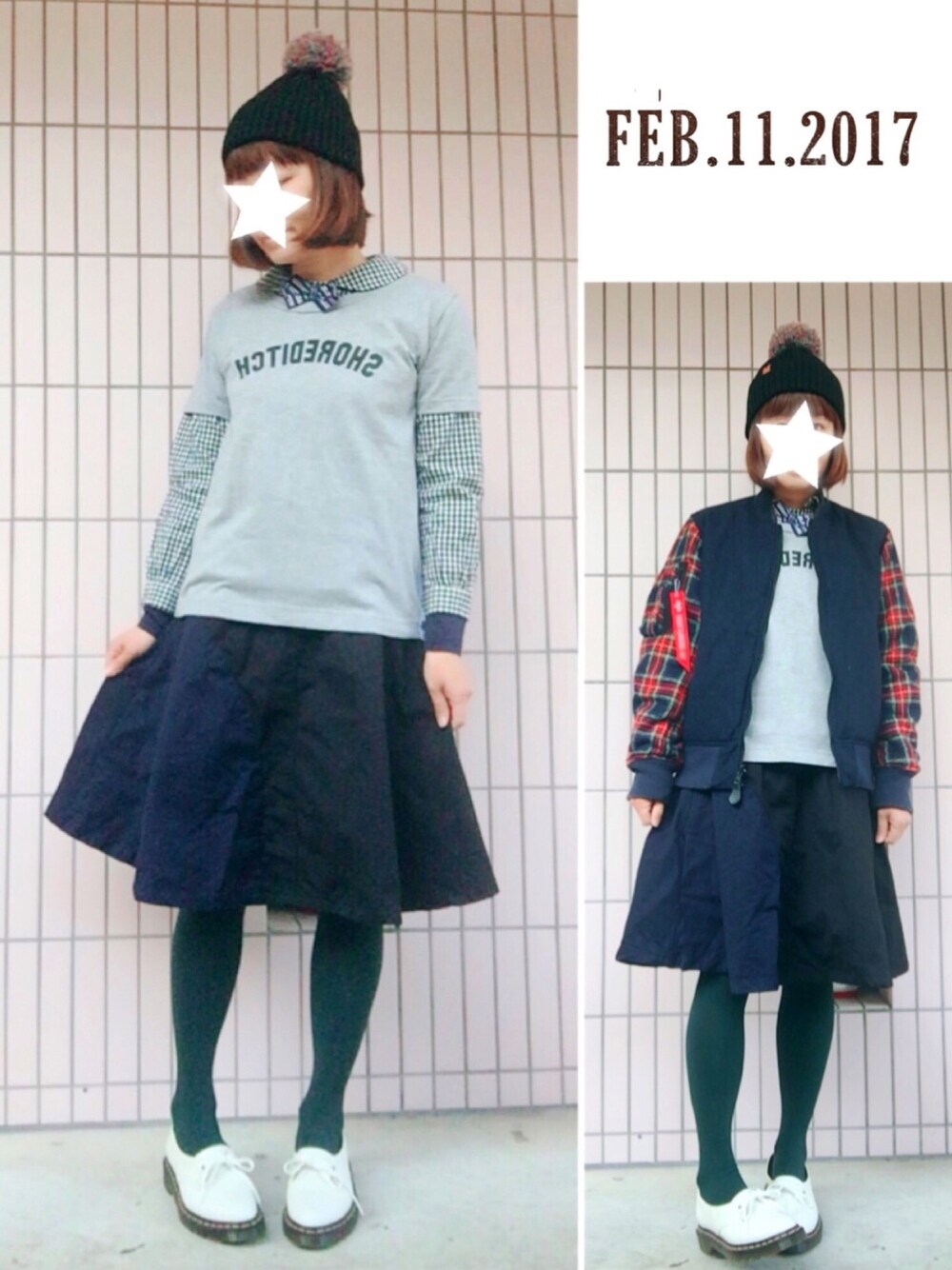 「オトナ女子、カジュアルコーデ、シンプル、休日スタイル、ドクターマーチン、フレアスカート、蝶ネクタイ、ニット帽、カオリノモリ、フラボア」｜「kaorinomoriのカオリノモリ/ヤーラ・ポンポン（ニットキャップ/ビーニー、ブルー系）」を使った、まっきぃ〜さん（レディース・157cm）の冬コーディネートの1枚目の写真
