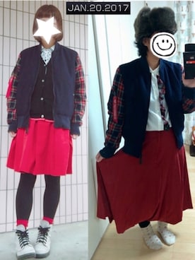 「双子コーデ」｜「アイテム（スタジャン）」を使った、まっきぃ〜さん（レディース・157cm）の冬コーディネート