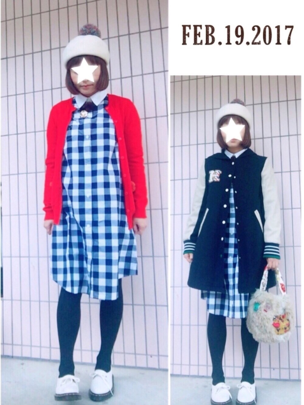 「休日スタイル、キレイめ、ギンガムチェック、シャツワンピ、スタジャン、ロングスタジャン、ベレー帽、カオリノモリ、ネネット、ママコーデ」｜「kaorinomoriのカオリノモリ/ヤーラ・ポンポン（ニットキャップ/ビーニー、ブルー系）」を使った、まっきぃ〜さん（レディース・157cm）の冬コーディネートの1枚目の写真