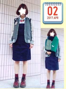 「おでかけ」｜「アイテム（スタジャン）」を使った、まっきぃ〜さん（レディース・157cm）の春コーディネート