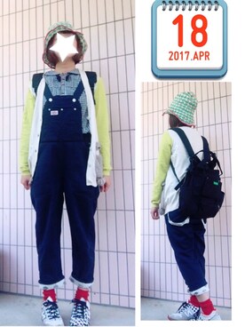 「ポーター」｜「アイテム（サロペット/オーバーオール）」を使った、まっきぃ〜さん（レディース・157cm）の春コーディネート