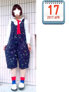 「Ne-net（ネネット）のアイテム（サロペット/オーバーオール）」を使った、まっきぃ〜さん（レディース・157cm）の春コーディネート