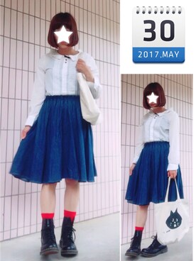 「にゃー」｜「アイテム（ブーツ）」を使った、まっきぃ〜さん（レディース・157cm）の春コーディネート