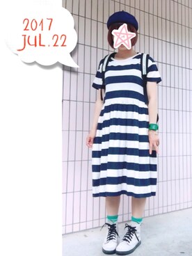 「POU DOU DOU（プードゥドゥ）の綿麻天竺ウエスト切替えボーダー・ドットワンピース（ワンピース）」を使った、まっきぃ〜さん（レディース・157cm）の夏コーディネート