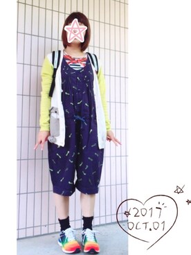 「Ne-net（ネネット）のアイテム（サロペット/オーバーオール）」を使った、まっきぃ〜さん（レディース・157cm）の秋コーディネート