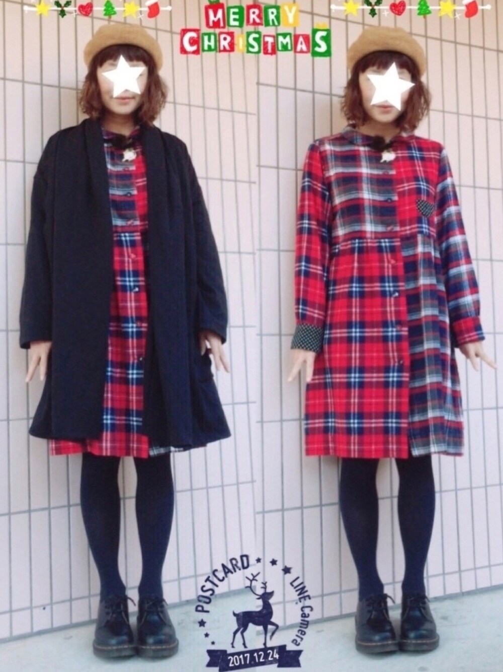 「クリスマス、冬、ワンピース、ベレー帽、Dr.Martens、ガーリー、チェスターコート、クリスマスコーデ、黒コート、パーマ」｜「POU DOU DOUのアイテム（ワンピース/ドレス、レッド系）」を使った、まっきぃ〜さん（レディース・157cm）の冬コーディネートの1枚目の写真