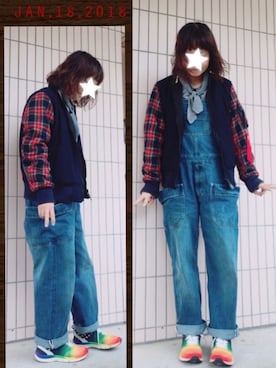 「Ne-net（ネネット）のアイテム（サロペット/オーバーオール）」を使った、まっきぃ〜さん（レディース・157cm）の冬コーディネート