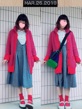 「赤い靴下」｜「アイテム（その他アウター）」を使った、まっきぃ〜さん（レディース・157cm）の春コーディネート