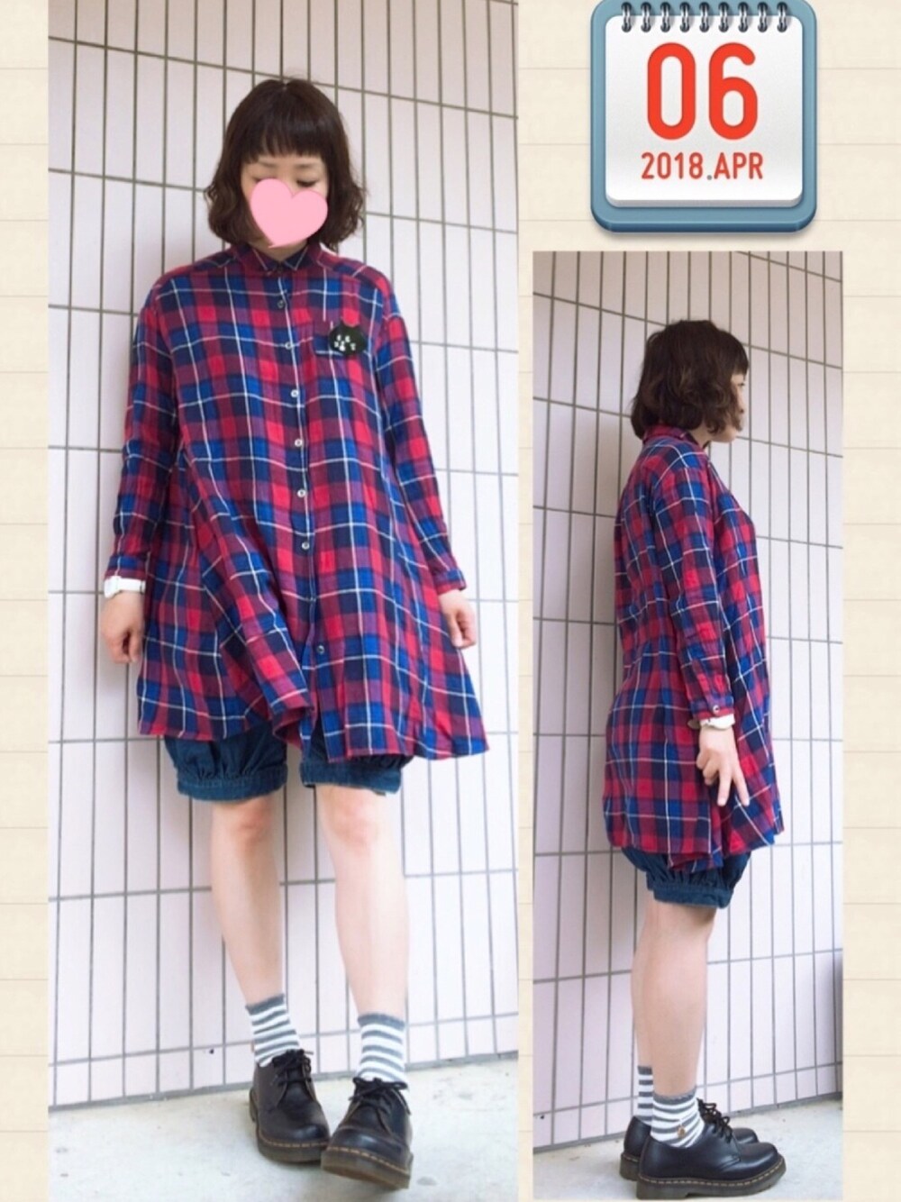 「オトナカジュアル、ゆるコーデ、ママコーデ、Dr.Martens、チエック、シャツワンピ、はるコーデ、ボーダーソックス、パーマ」｜「Ne-netのりーすにゃーアクリル（ブローチ/コサージュ、ブラック系）」を使った、まっきぃ〜さん（レディース・157cm）の春コーディネートの1枚目の写真