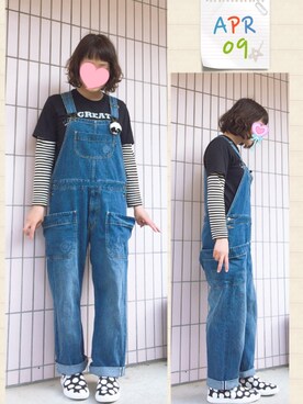 「Ne-net（ネネット）のアイテム（サロペット/オーバーオール）」を使った、まっきぃ〜さん（レディース・157cm）の春コーディネート