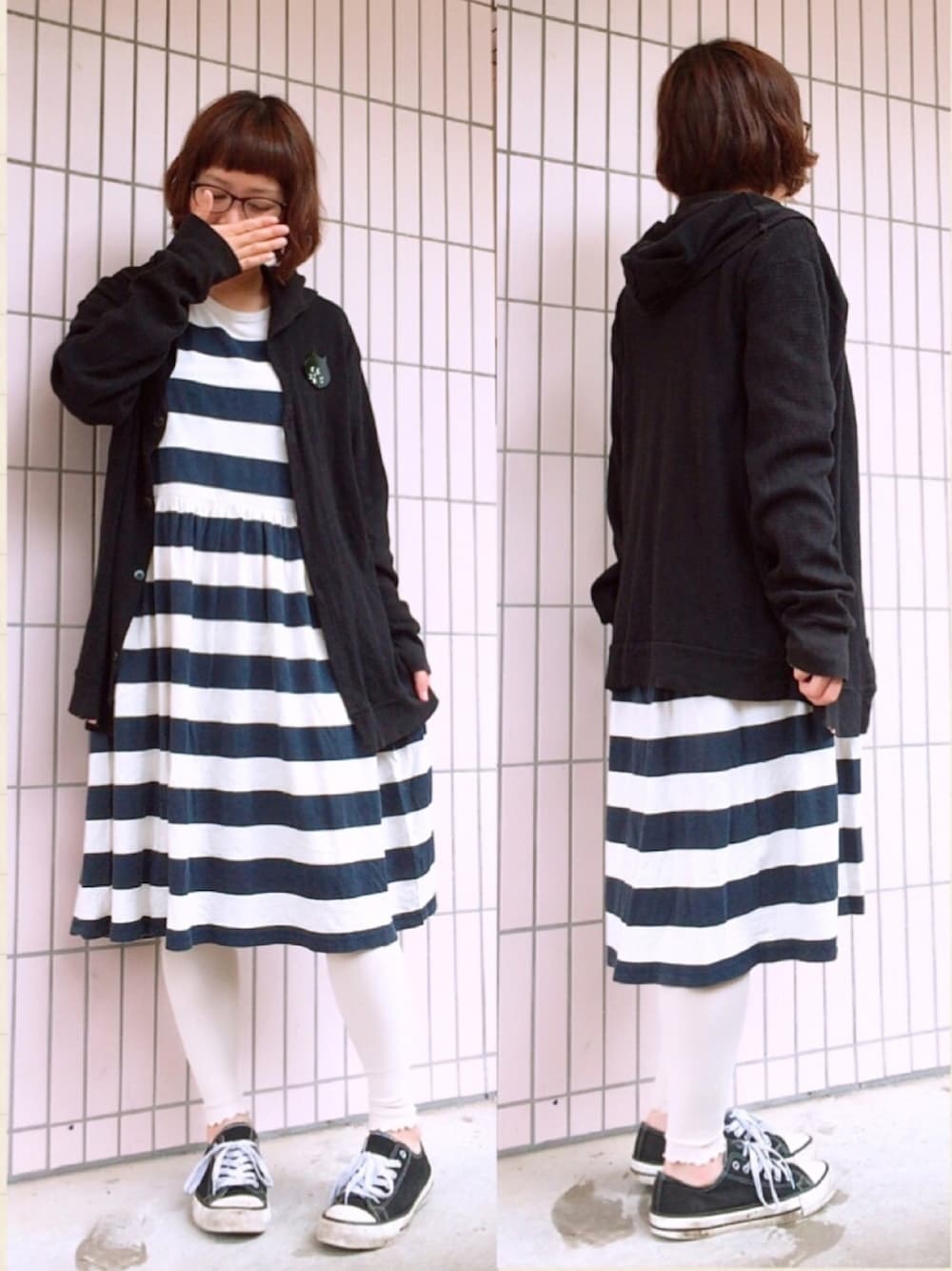 ブラック系のジャケット/アウター、ブルー系のワンピース、ブラック系のスニーカーを着用したレディースの夏コーディネートの1枚目の写真