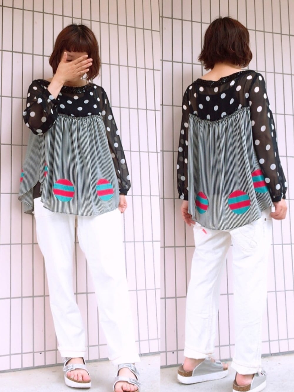 ブラック系のシャツ/ブラウス、ホワイト系のデニムパンツ、シルバー系のサンダルを着用したレディースの夏コーディネートの1枚目の写真