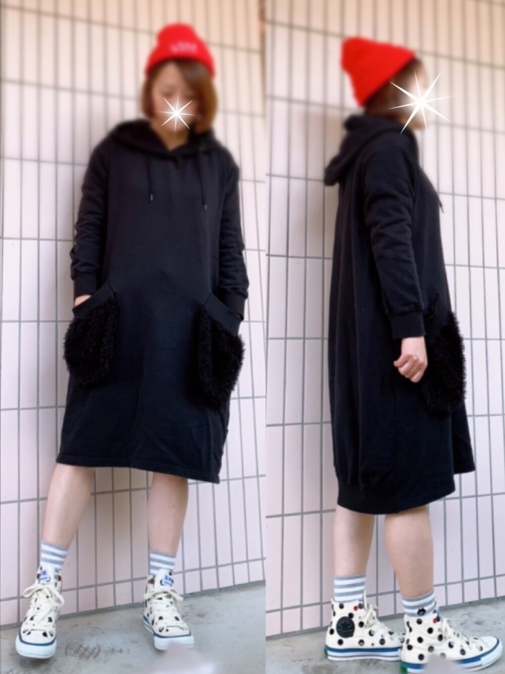 「アイラブCONVERSE、大人カジュアル、カジュアルコーデ、ゆるコーデ、converse、スウェット、パーカー、パーカーワンピース、ニット帽」｜「mercibeaucoup,の(O)モケウラケ（ワンピース、ブラック系）」を使った、まっきぃ〜さん（レディース・157cm）の冬コーディネートの1枚目の写真
