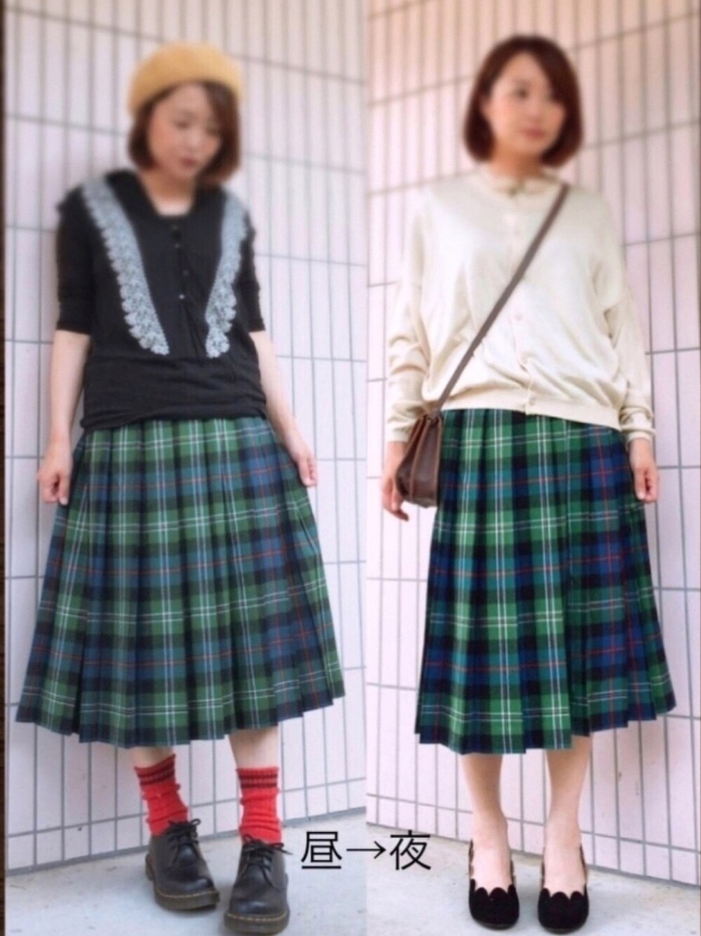 ブラウン系のショルダーバッグ、グリーン系のスカート、ベージュ系のカーディガン/ボレロを着用したレディースの秋コーディネートの1枚目の写真