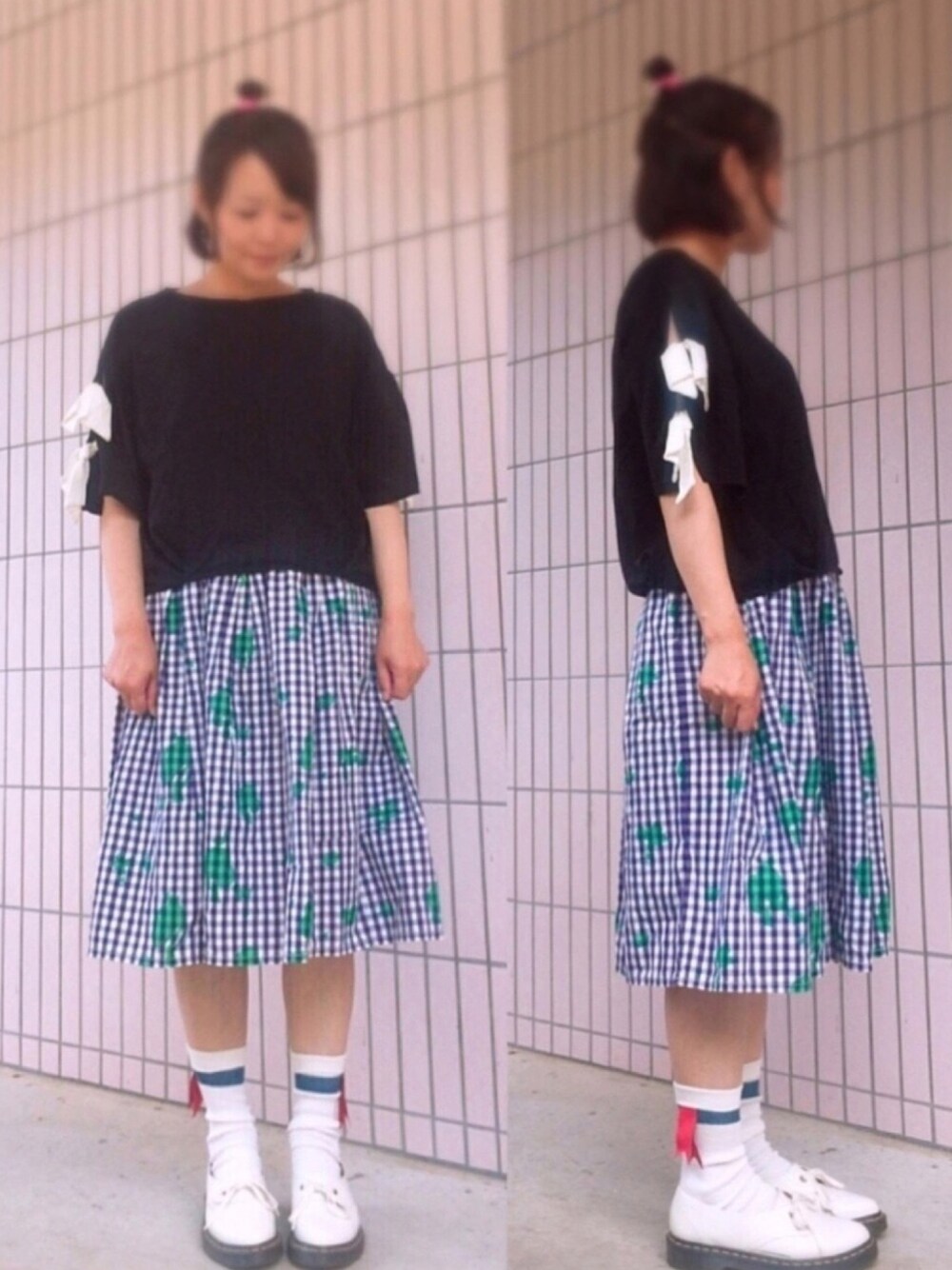 「ゆるコーデ、シンプルコーデ、Tシャツ、カジュアルガーリー、ママコーデ、袖ボリューム、リボン、ギンガムチェック、ドクターマーチン」｜「Dot＆Stripes CHILD WOMANのアイテム（Tシャツ/カットソー、ブラック系）」を使った、まっきぃ〜さん（レディース・157cm）の秋コーディネートの1枚目の写真