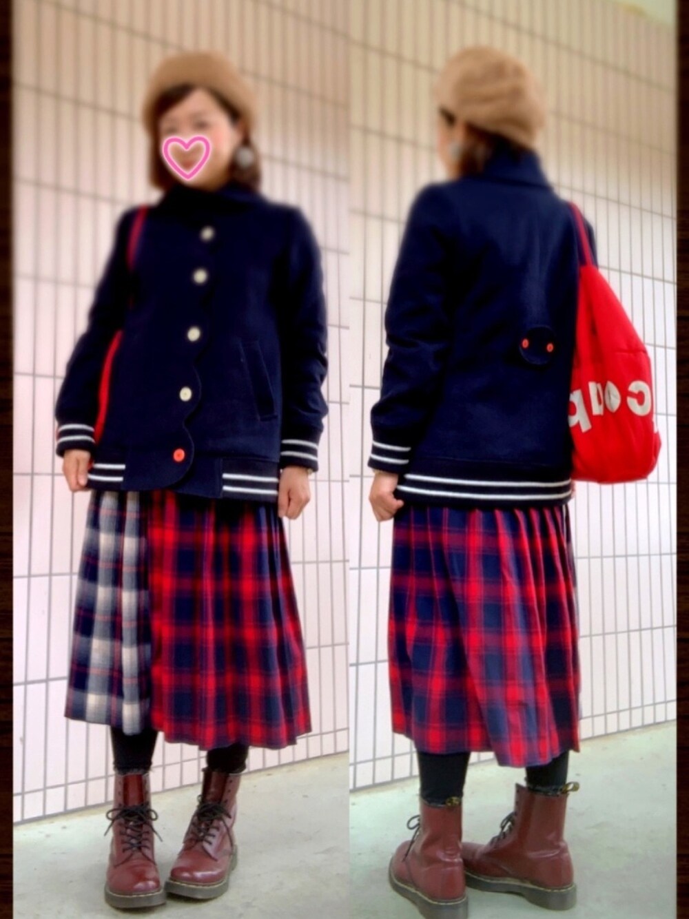 「お気に入りの服でデートに行こう、休日スタイル、ラクチンコーデ、大人カジュアル、大人ガーリー、チェックスカート、もこもこ、ファー小物、ママコーデ、ドクターマーチン」｜「Samansa Mos2のエコファーベレー（ハンチング/ベレー帽、ブラウン系）」を使った、まっきぃ〜さん（レディース・157cm）の冬コーディネートの1枚目の写真