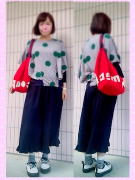 「アイテム（トートバッグ、レッド系）」を使った、まっきぃ〜さん（レディース・157cm）の春コーディネート