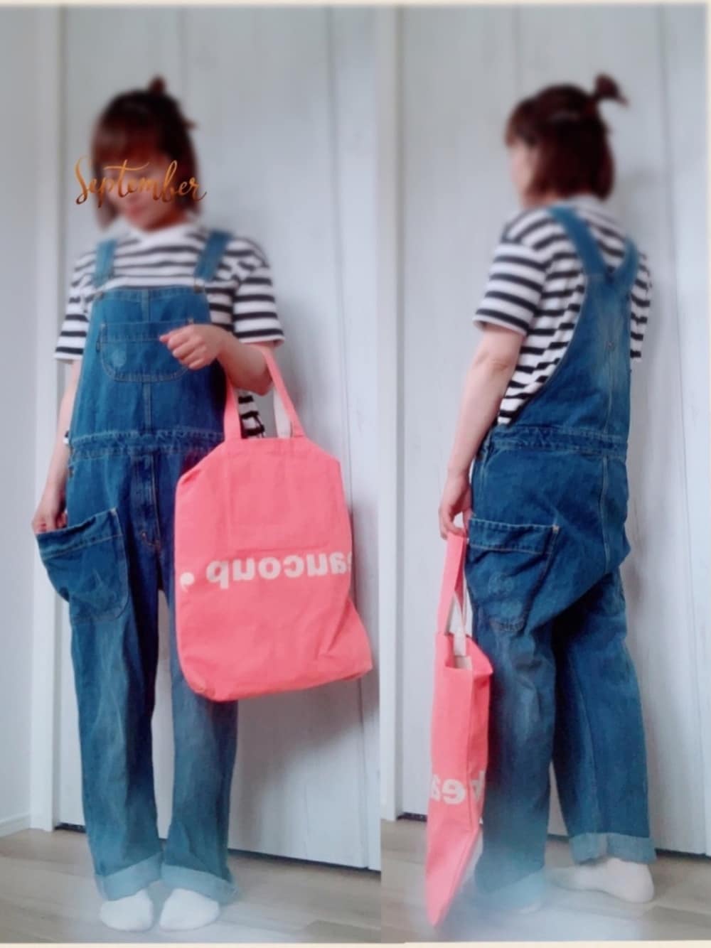 「プチプラ、シンプル、カジュアル、休日スタイル、ラフ、GU、いいね、save、フォローお願いします🤑、ママコーデ、オーバーオール、ボーダー」｜「Ne-netのコインポッケデニム（サロペット/オーバーオール、ブルー系）」を使った、まっきぃ〜さん（レディース・157cm）の秋コーディネートの1枚目の写真