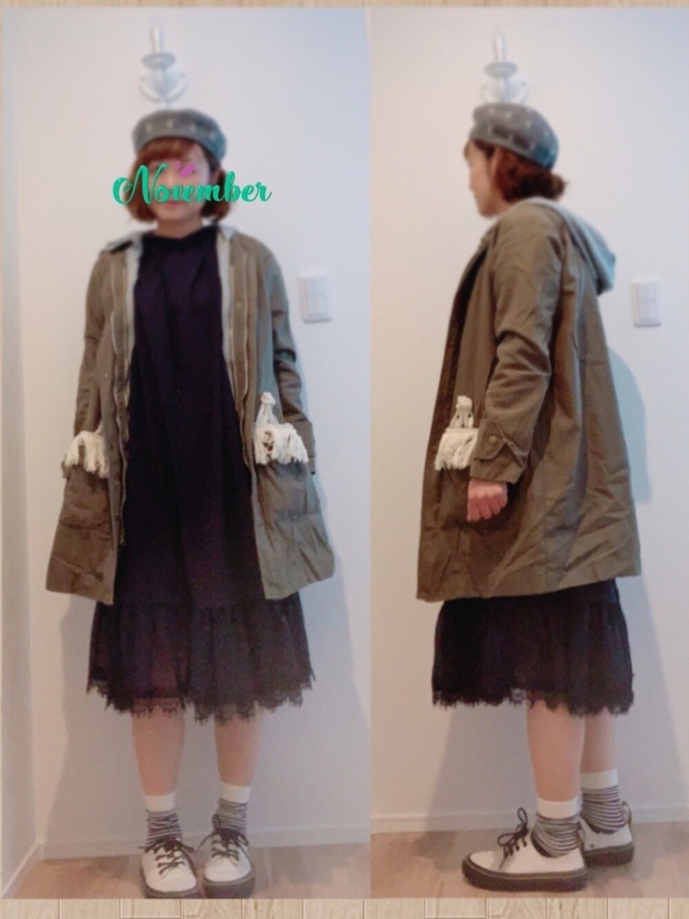 「秋冬コーデ、オトナカジュアル、ガーリーコーデ、パーカーワンピース、モッズコート、ワンピース、ドクターマーチン、スニーカー、ママコーデ」｜「Candy StripperのBE VERY HOODIE ワンピース（ワンピース、ブルー系）」を使った、まっきぃ〜さん（レディース・157cm）の秋コーディネートの1枚目の写真