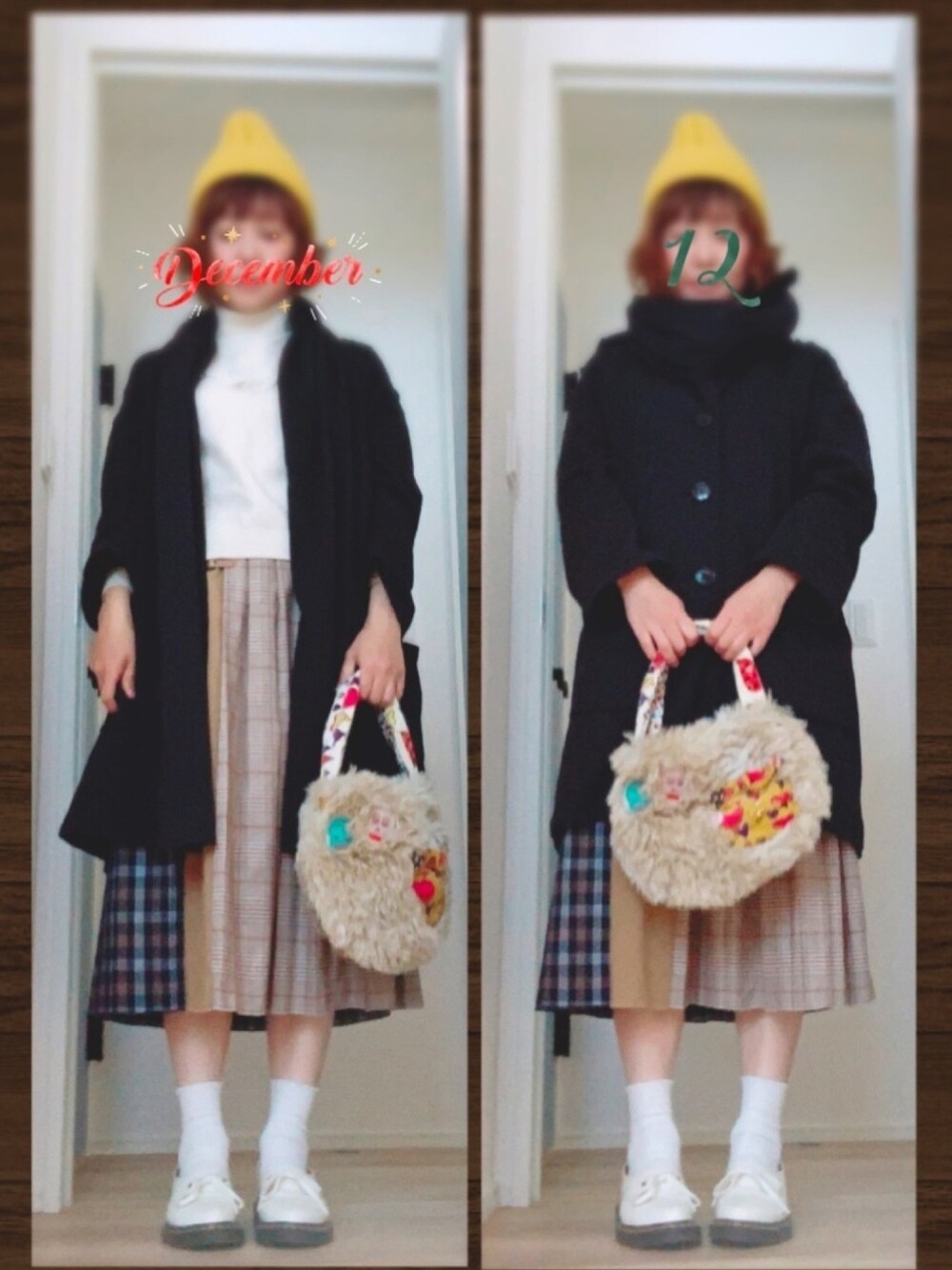 「休日スタイル、年末WEAR感謝祭、冬のコーデ、冬アウター、大人カジュアル、ニット、ハイネック、ニット帽、ファー小物、ドクターマーチン」｜「POU DOU DOUのチェック配色使いキルト風スカート（スカート、ブラウン系）」を使った、まっきぃ〜さん（レディース・157cm）の冬コーディネートの1枚目の写真