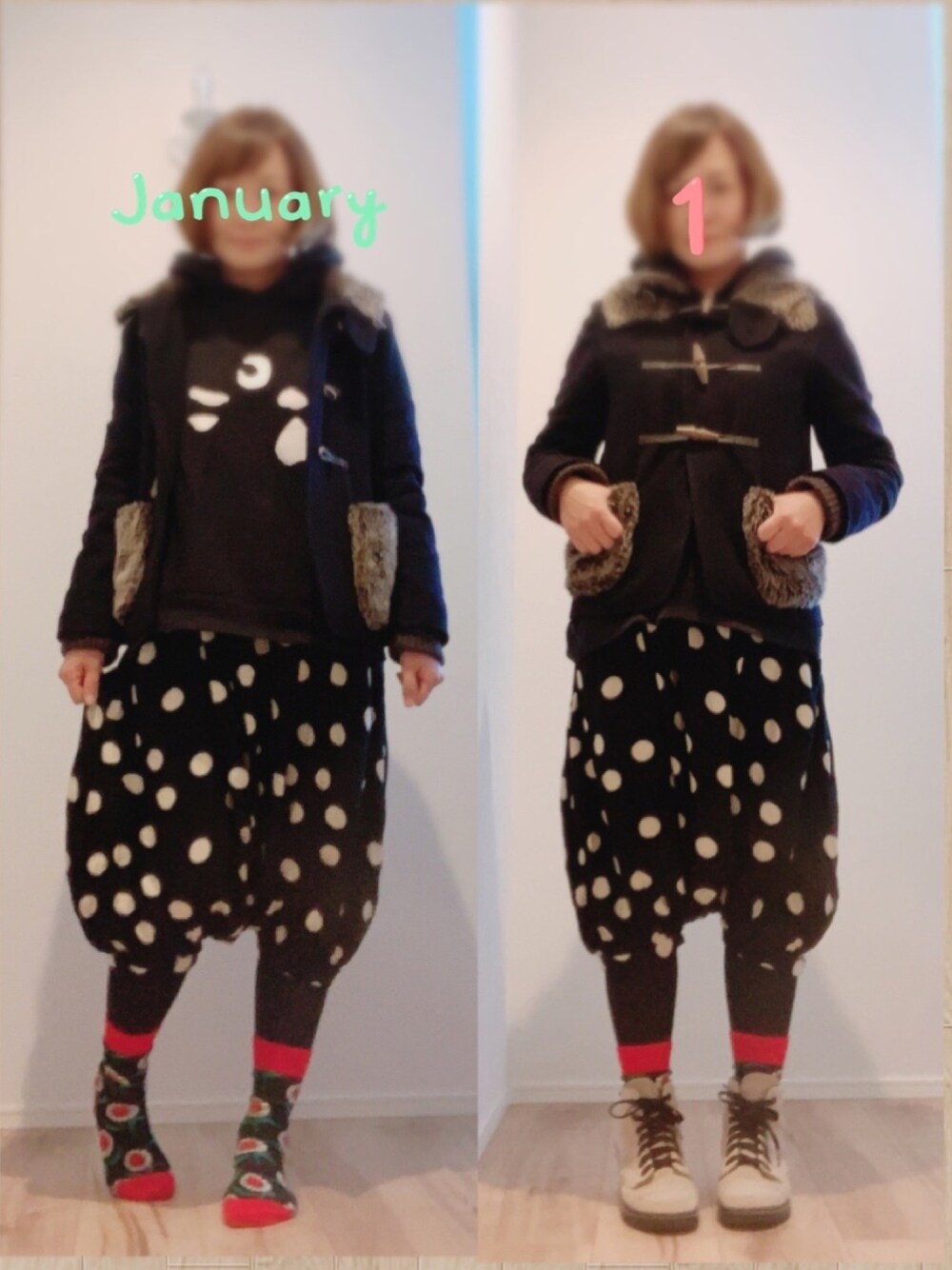 「シンプルコーデ、今日のコーデ、カジュアル、ゆるコーデ、大人カジュアル、モノトーン、パーカー、ドット、ママコーデ」｜「Ne-netのアップにゃー裏毛（パーカー、ブラック系）」を使った、まっきぃ〜さん（レディース・157cm）の冬コーディネートの1枚目の写真