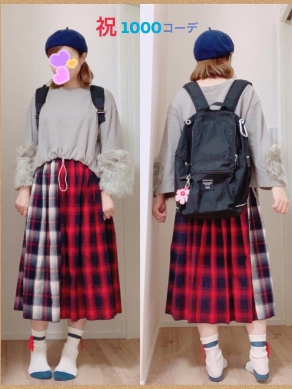「秋コーデ、大人女子、いいね、save、フォローお願いします🤑、チェック柄に恋してる、チェック、お洒落さんとつながりたい、マリメッコ、ベレー帽、ママコーデ」｜「TSUMORI CHISATOのｽｳｨｯﾁﾝｸﾞ裏毛（Tシャツ/カットソー、グレー系）」を使った、まっきぃ〜さん（レディース・157cm）の秋コーディネートの1枚目の写真