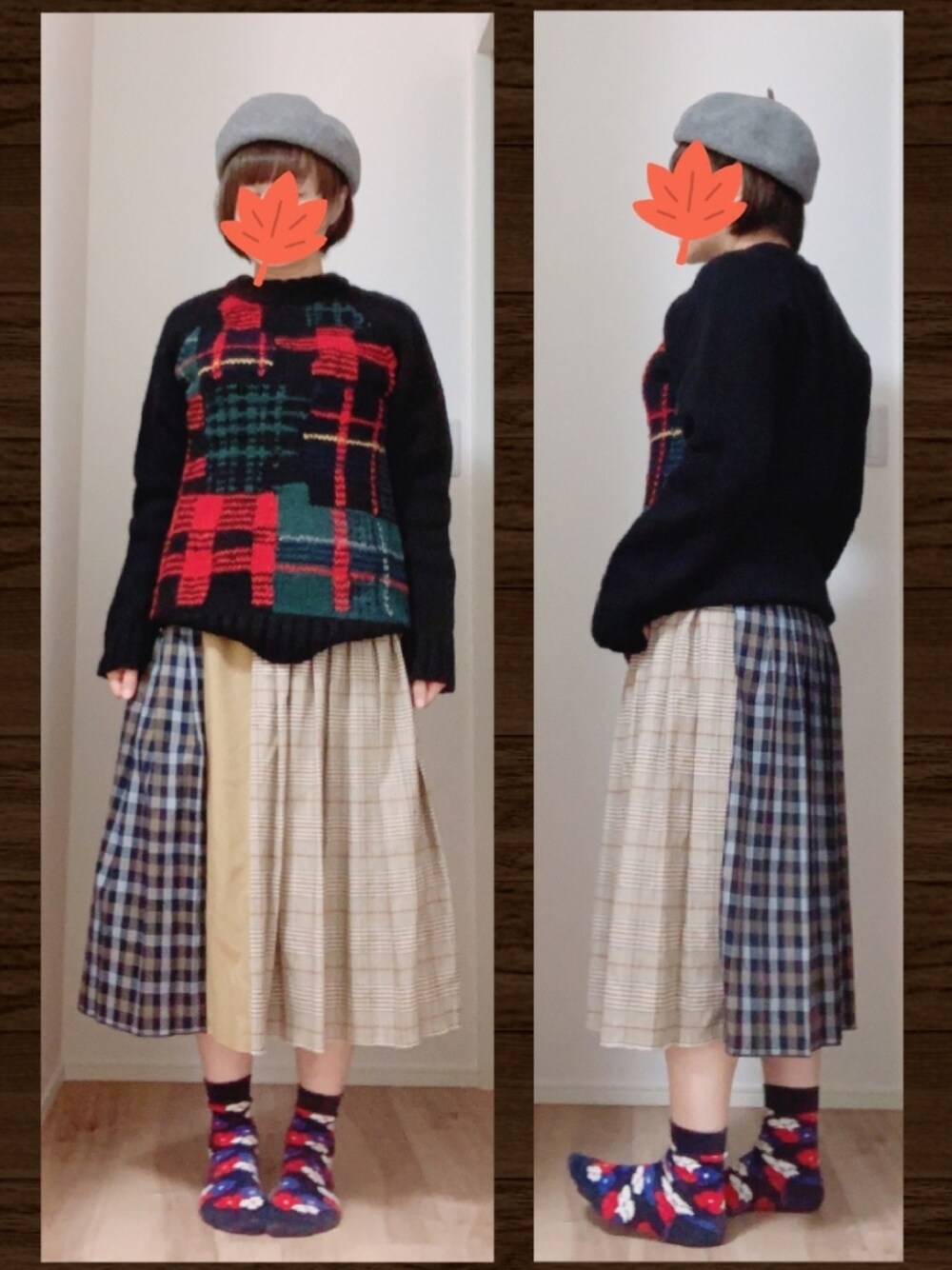 「秋コーデ、休日スタイル、大人コーデ、おしゃれさんと繋がりたい、秋冬コーデ、チェック柄に恋してる、チェック、柄×柄、ベレー帽、ママコーデ」｜「CHILD WOMANの.ソフトシェットランド　パッチワークＣＨジャガードプルオーバー（ニット/セーター、ブラック系）」を使った、まっきぃ〜さん（レディース・157cm）の秋コーディネートの1枚目の写真