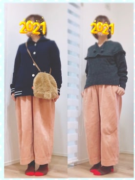 「コーデュロイパンツ」｜「アイテム（ピーコート）」を使った、まっきぃ〜さん（レディース・157cm）の冬コーディネート