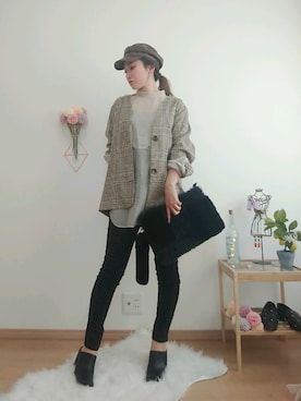 「スキニー」｜「アイテム（ノーカラージャケット）」を使った、mutomo27さん（レディース・158cm）の秋コーディネート