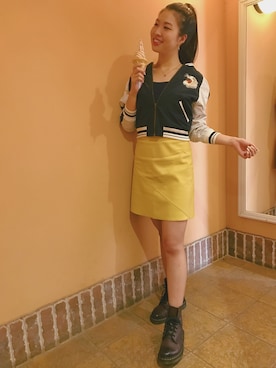 「レザースカート」｜「アイテム（スタジャン）」を使った、@:asukaさん（レディース・161cm）の秋コーディネート